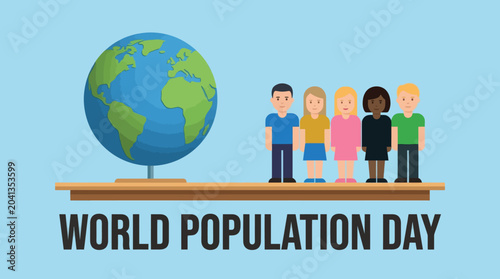 balance scale with globe and people illustration for world population day