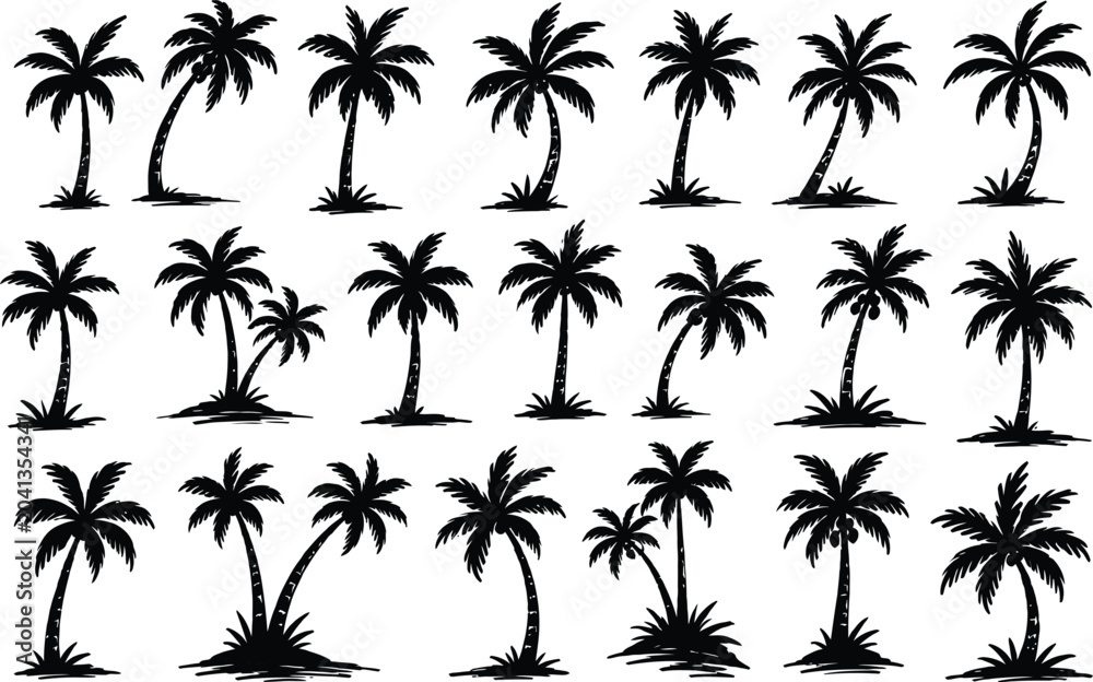 Fototapeta premium Black Palm Tree Silhouette Collection Set Hand Drawn Tropical Coconut Trees Vector Pack, Brush Ink Scribble Exotic Summer Nature Graphics, Botanical Elements