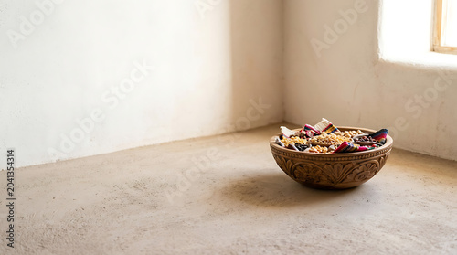 Wooden bowl filled with assorted grains on a rustic stone floor