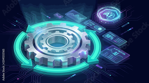 A futuristic gear rotates amidst glowing circuits and digital icons in a dark technological environment.