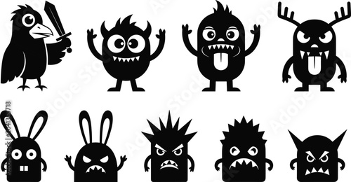 Foto Set of cute and funny monster silhouettes and cartoon creatures isolated on whit