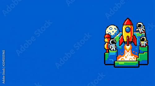 Pixel art rocket launch with astronauts in outer space