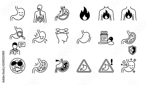 Canvastavla Stomach Health and Digestive Care Medical Icons Set with Heartburn Examination a