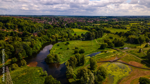 Aerial landscape view of river Trent winding through natural wetlands and green parks