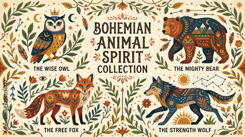 Tableau sur toile Bohemian Animal Spirit Collection: Owl, Bear, Fox, Wolf with tribal patterns
