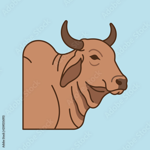 A simple illustration of a brown bull on light blue background