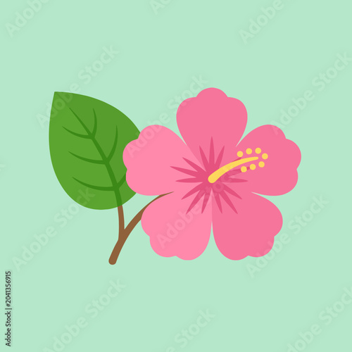 A simple illustration of a pink tropical flower with green leaf