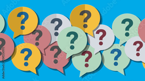 A colorful collection of question mark speech bubbles float on blue background