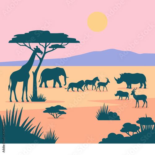 Photography A flat vector illustration of wild animals in the savanna