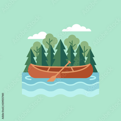 A flat vector illustration of a canoe on a calm lake