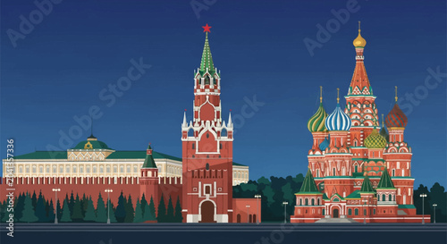 Architectural vector illustration of Moscow Red Square at night featuring Saint Basil's Cathedral with colorful onion domes, the Spasskaya Tower with red star, and the Kremlin wall.