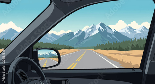 Vector illustration of a car interior POV looking out the window at an asphalt road with yellow lines leading toward snow-capped mountains and pine forests under a blue sky.