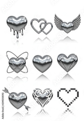 Set of Metallic Silver Heart Icons and Symbols for Valentine's Day and Romantic Designs Isolated on White Background