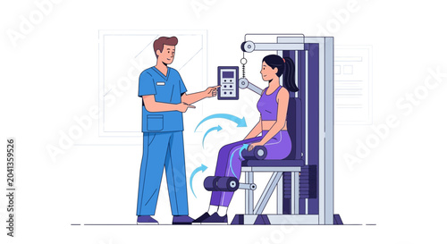 Physical Therapist Assisting Patient with Exercise Machine