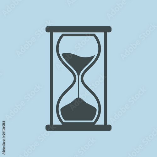 A simple flat icon of a classic hourglass on blue background