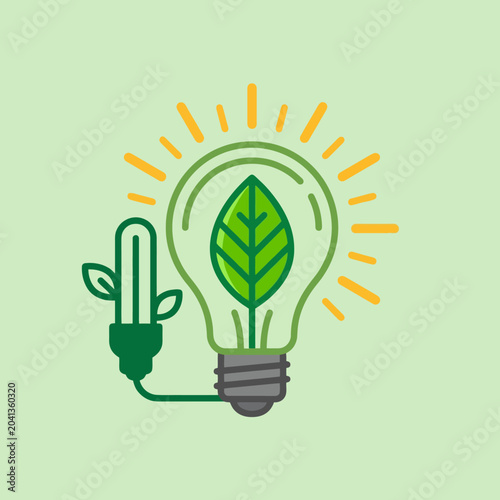A glowing light bulb icon featuring a green leaf inside it