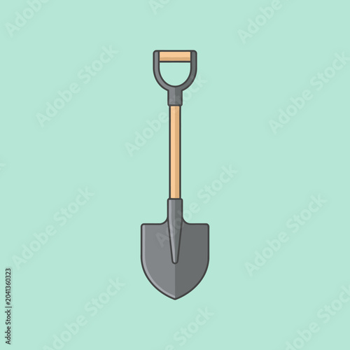 A simple metal shovel illustration on a light green background