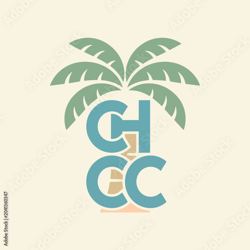 A stylized graphic illustration featuring a simple palm tree icon