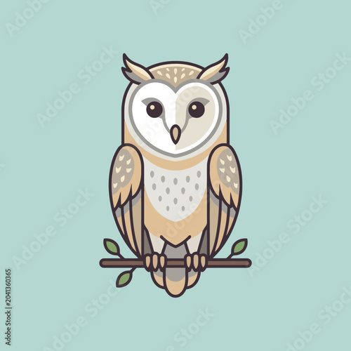 A stylized illustration of a small owl perched on a branch