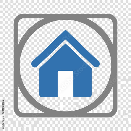 A blue house icon centered inside a gray rounded square frame