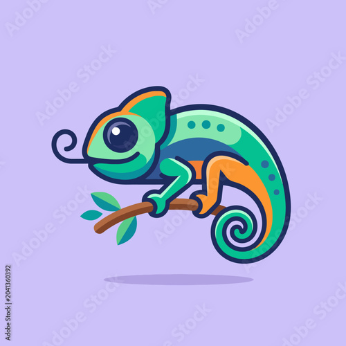 A colorful cartoon chameleon perched on a small wooden branch