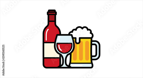 Photos A bottle of wine, a glass of red wine, and a mug of beer.