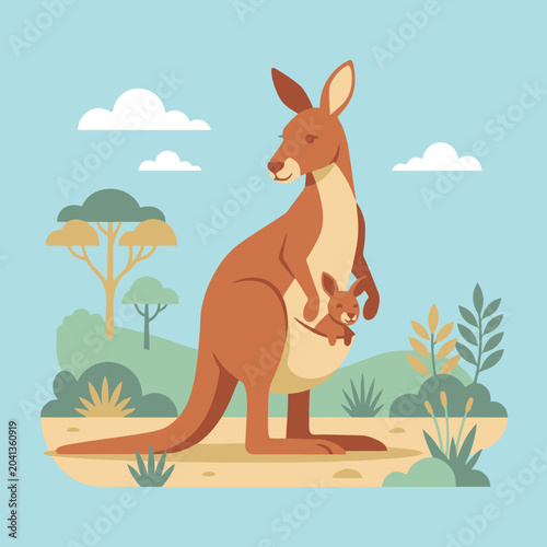 Canvastavla A mother kangaroo carries her small joey in the wild
