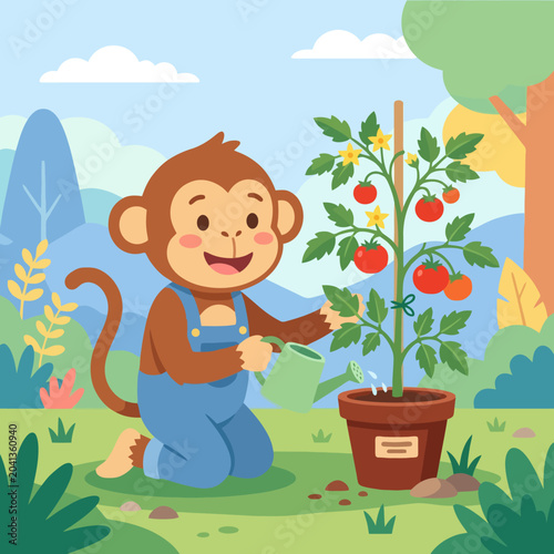 Canvas Print A cute cartoon monkey waters a potted tomato plant outdoors