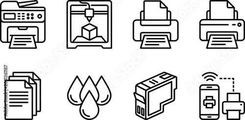 Office printing and technology line icon set featuring 3d printer copier ink cartridge document mobile wireless vector illustration