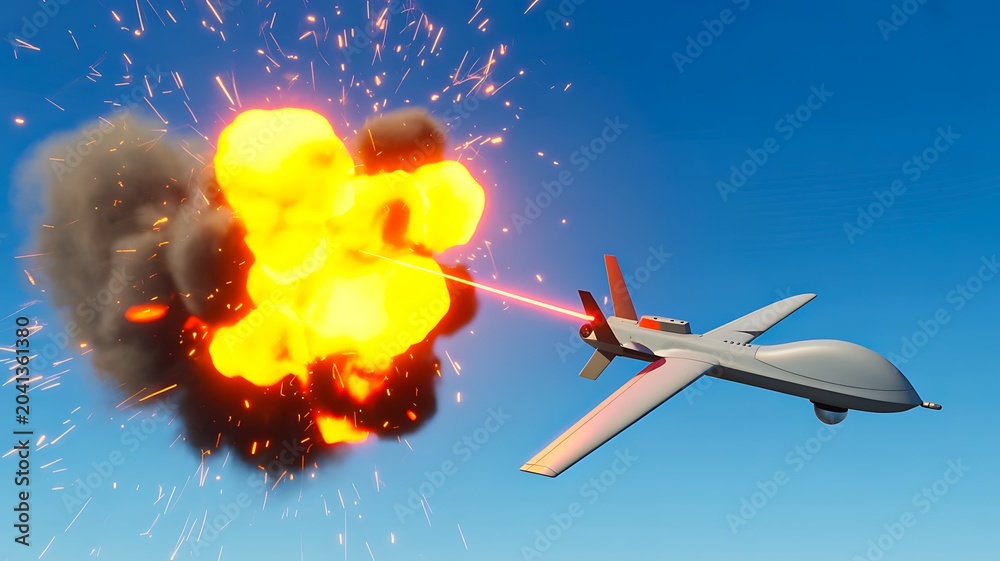 Fototapeta premium Military drone aircraft near aerial explosion in dramatic sky combat scenario