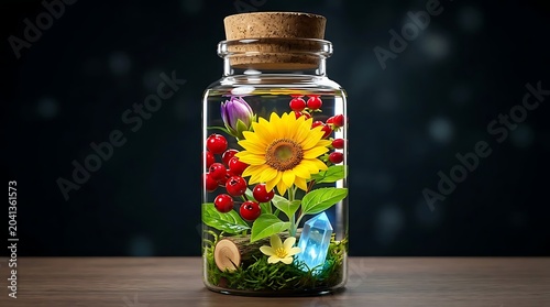 Botol kaca tertutup menyimpan bunga matahari cerah beri merah dan kristal biru melambangkan pelestarian keindahan alam dan energi kehidupan magis
