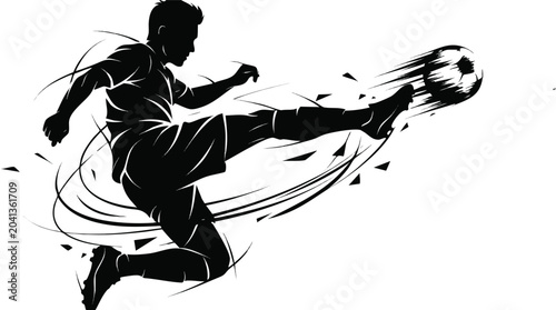 Silhouette of a soccer player kicking a ball with dynamic motion