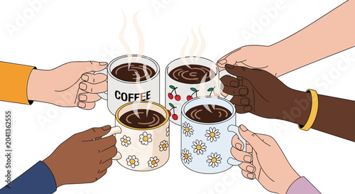 Group of diverse people gather their coffee mugs together for a communal toast representing friendship and morning routine.