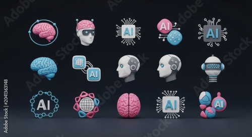 Set of 3d icons representing artificial intelligence, brain, robotics, and neural networks