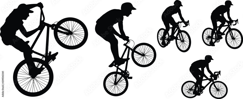 Fototapeta premium Collection of bicycle silhouettes featuring BMX riders performing stunts and road cyclists racing in professional riding positions on white background
