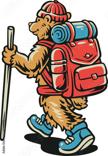 Cheerful cartoon bear hiker wearing a red beanie, large red backpack and blue sneakers, walking with a hiking stick in side view and isolated on white