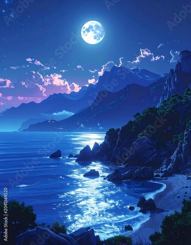 Moonlit ocean bay with rocky shoreline.