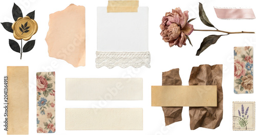 Assortment of vintage paper scraps dried flower decorative ribbon wax seal and floral patterned elements create a nostalgic collage composition rose stationery craft retro
