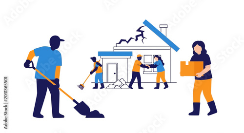 Photography Community rebuilding damaged house, disaster relief, teamwork and support