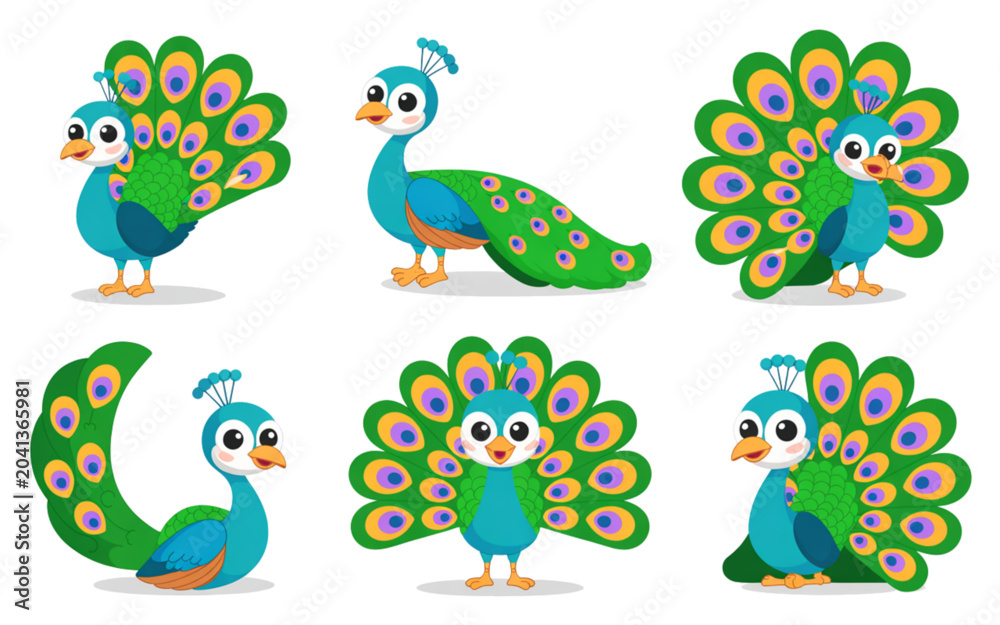 Obraz premium Set of cute pixel art peacock characters in different poses and positions Vector