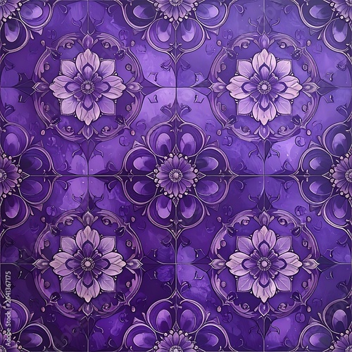 Purple floral pattern on tiles background.