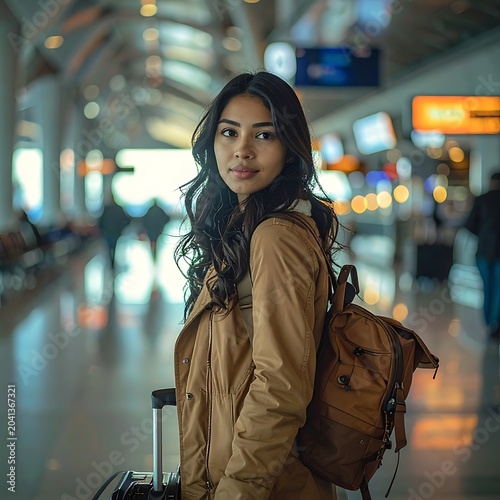 Young woman with backpack at airport.