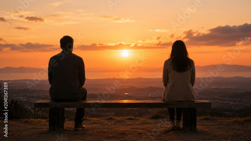 Relationship intimacy challenge concept. Back view of a couple sitting on a bench watching a sunset, a notable space between them suggesting emotional distance.