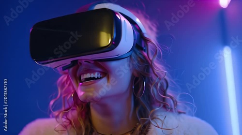 Woman in VR headset immersed in colorful, futuristic digital world