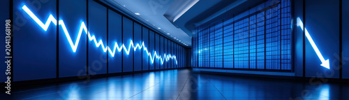 Tech layoffs market impact stock chart Tech layoffs market impact shows falling stock chart blue financial corridor with downward arrow reflecting