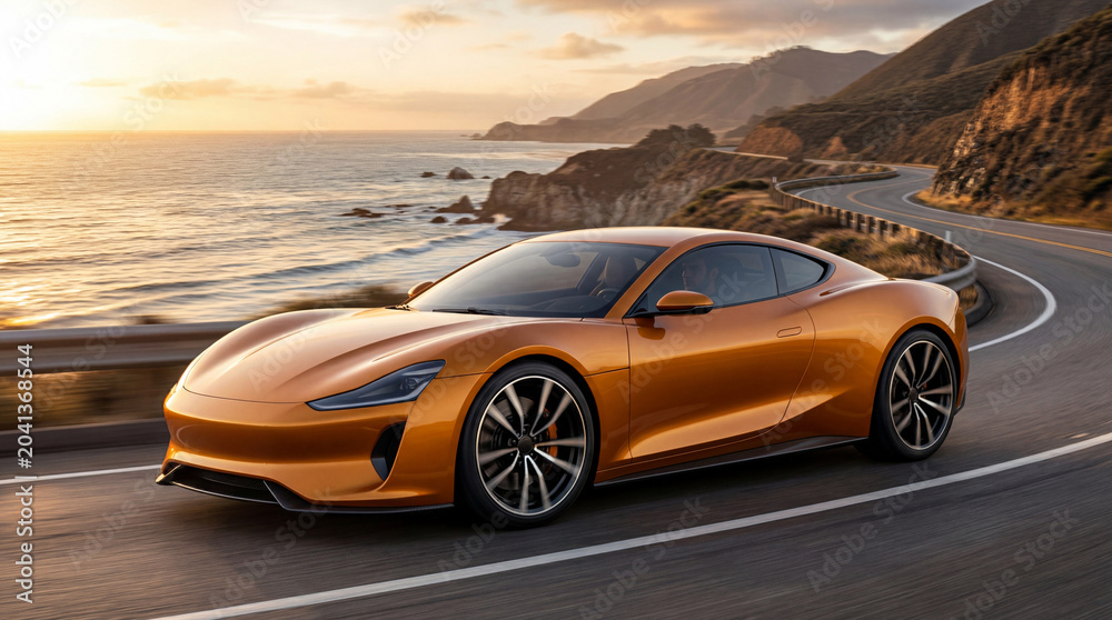 Naklejka premium Futuristic Electric Hypercar on Scenic Highway at Sunset