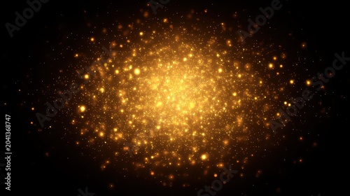 A radiant explosion of golden particles against a dark background, creating a mystical atmosphere.