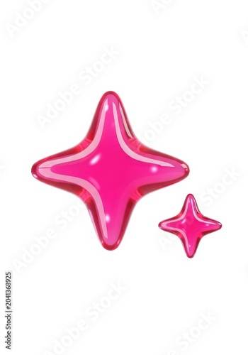 Glossy Pink 3D Sparkle Stars Isolated on White Background, Vibrant Glassy Four-Pointed Star Icons for Graphic Design