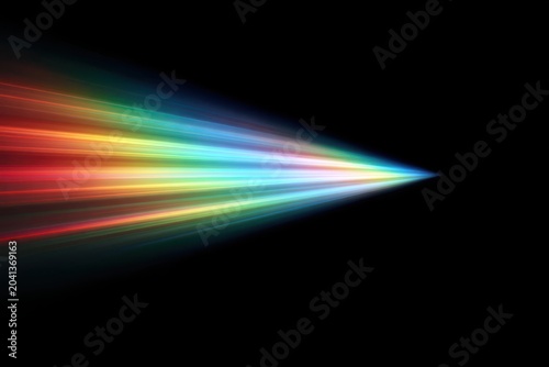 Vibrant rainbow light streaks against a dark backdrop, creating a sense of motion.