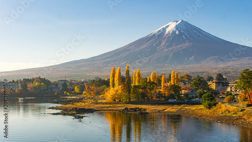 Beautiful Fuji mountain and Kawaguchiko lake at sunrise, Autumn seasons at Yamanachi in Japan.